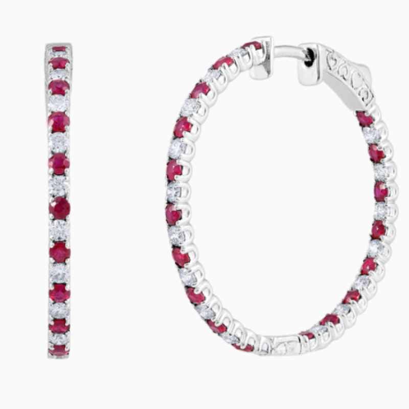 alternating ruby and natural diamond hoop earrings