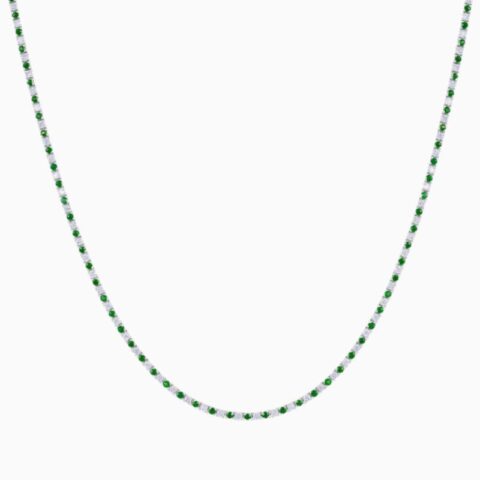 Alternating natural green emerald and lab grown diamond tennis necklace 14K gold