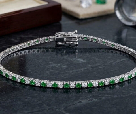 Alternating Green Emerald and Natural Diamond Tennis Bracelet