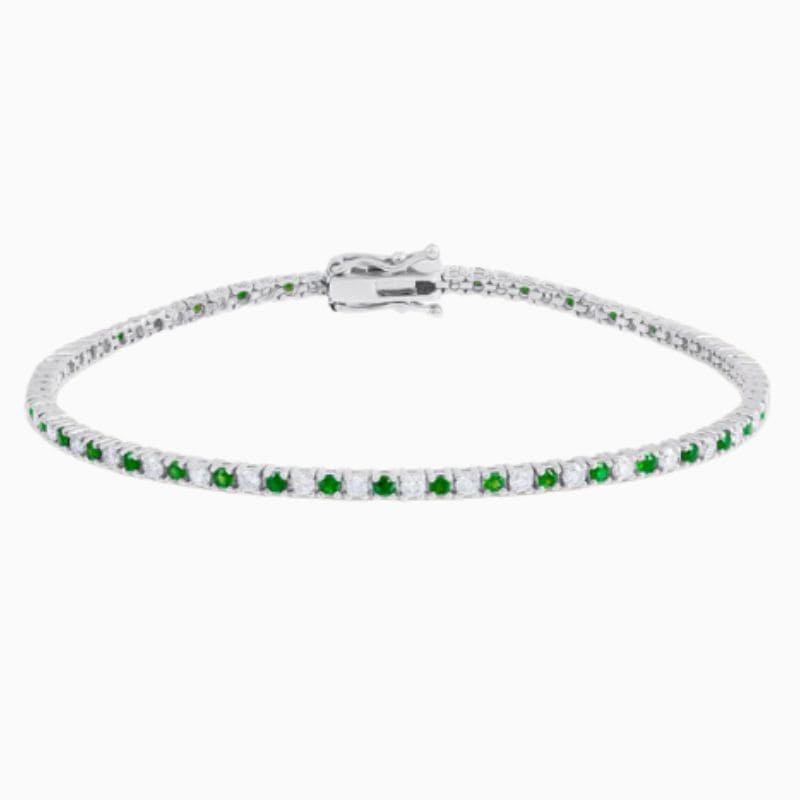 Alternating Green Emerald and Natural Diamond Tennis Bracelet in 14k solid gold with natural diamonds