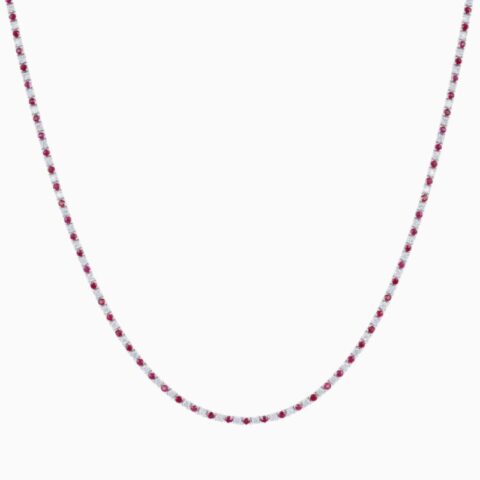 Alternating ruby and lab grown diamond tennis necklace 14K gold