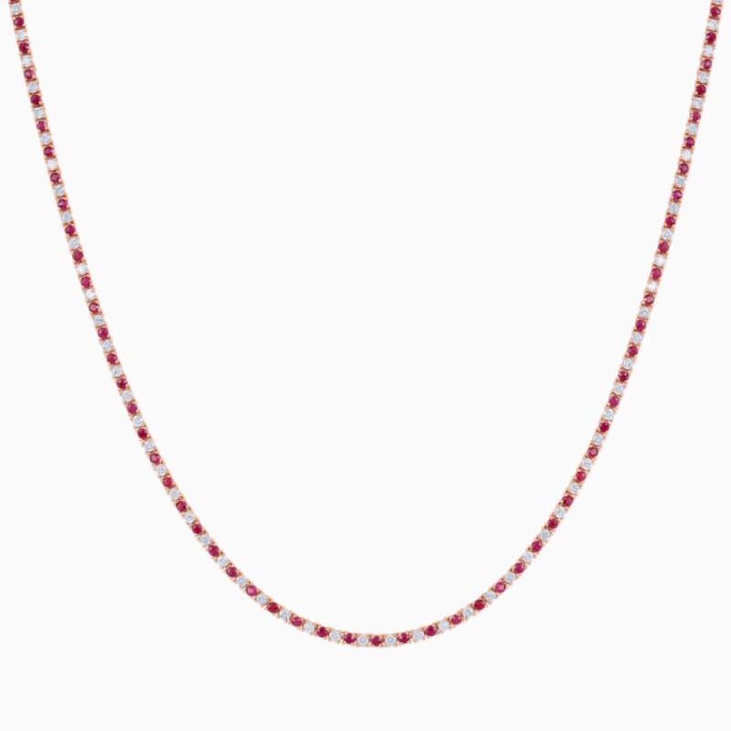 Alternating ruby and lab grown diamond tennis necklace 14K gold