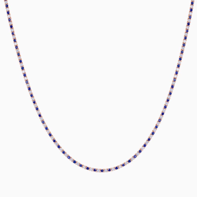 Alternating natural blue sapphire and lab grown diamond tennis necklace 14K gold