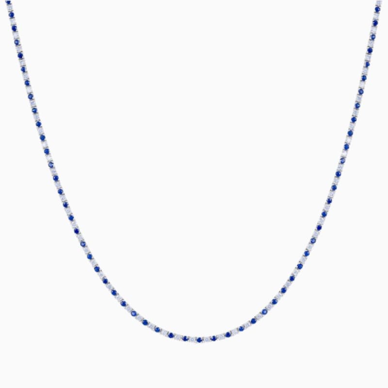 Alternating natural blue sapphire and lab grown diamond tennis necklace 14K gold