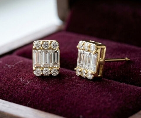 Baguette And Round Natural Diamond Stud