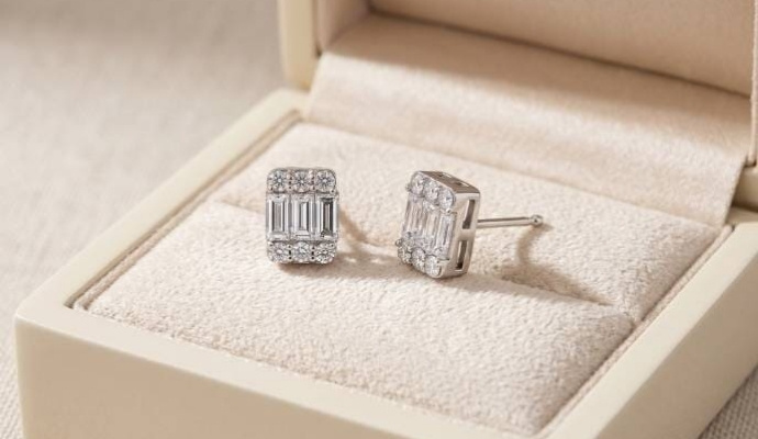 Baguette And Round Natural Diamond Stud