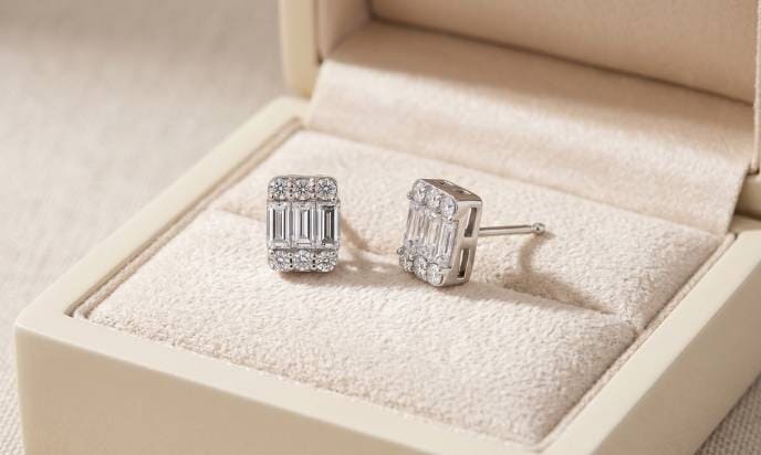 Baguette Round Diamond Stud Earrings