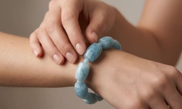 Woman wearing natural aquamarine barrel bead gemstone bracelet on wrist