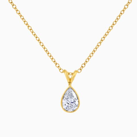 Bezel set IGI certified pear cut lab grown diamond pendant necklace 14K gold
