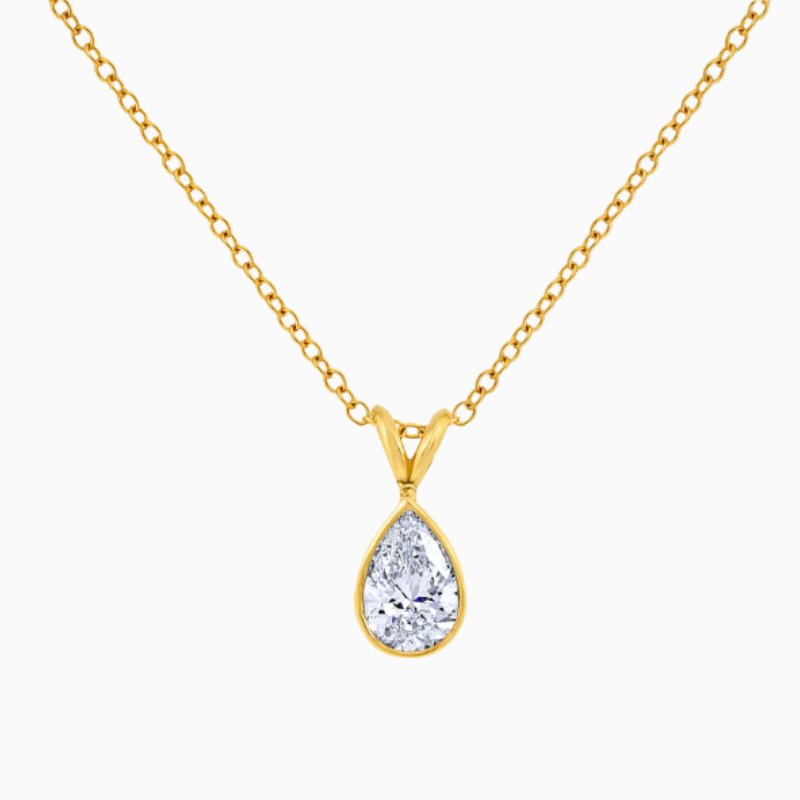 Bezel set IGI certified pear cut lab grown diamond pendant necklace 14K gold
