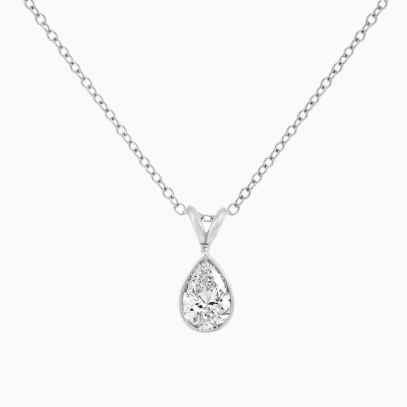 Bezel set IGI certified pear cut lab grown diamond pendant necklace 14K gold