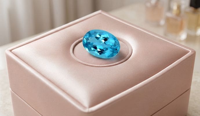 Natural oval blue apatite loose gemstone displayed in a luxury jewelry box
