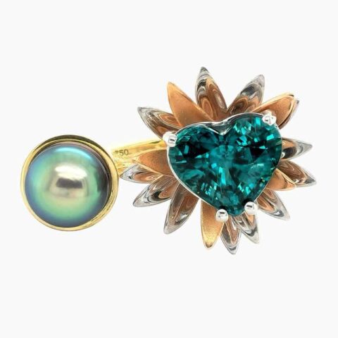 Natural Blue Zircon ring in 18K 3 Tone Gold