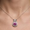 Pink sapphire diamond halo pendant necklace in white gold
