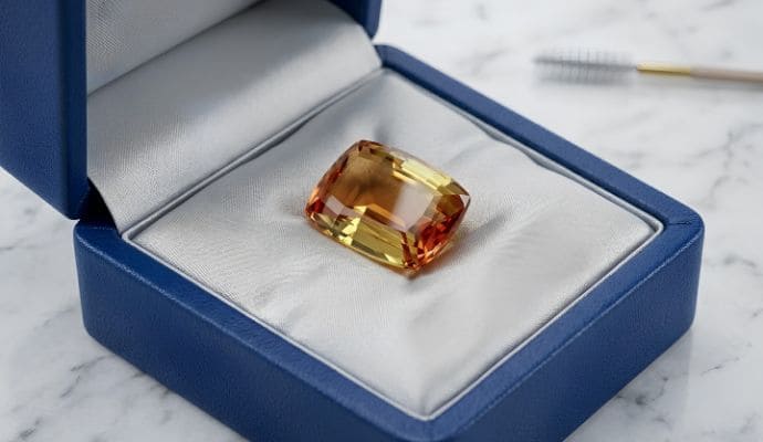 Natural cushion-cut bronze glow andalusite loose gemstone in a luxury jewelry box