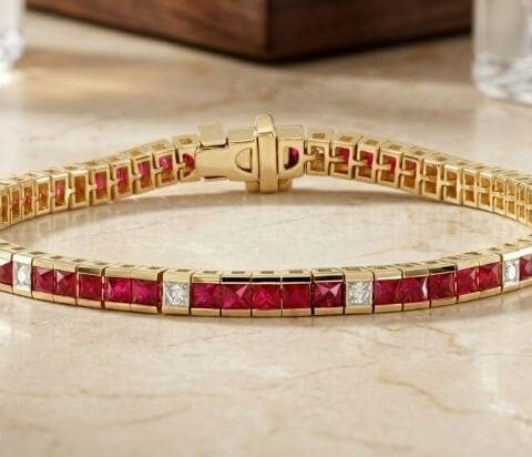 Yellow gold channel-set ruby and diamond tennis bracelet with princess-cut rubies