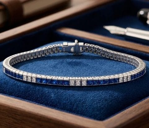 White gold channel-set sapphire and diamond tennis bracelet displayed in luxury blue jewelry box