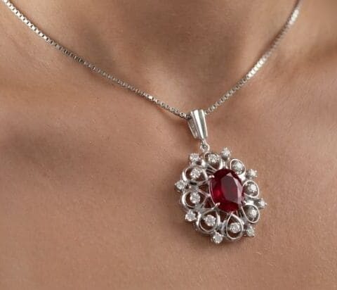 Ruby diamond floral pendant necklace in white gold