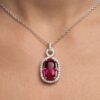 Rubellite diamond halo pendant necklace with cushion gemstone