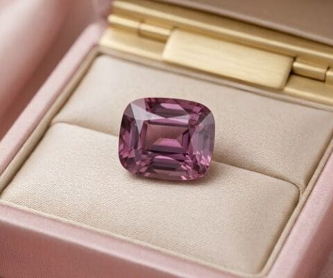 Natural cushion-cut garnet loose gemstone showcased in a luxury jewelry gift box
