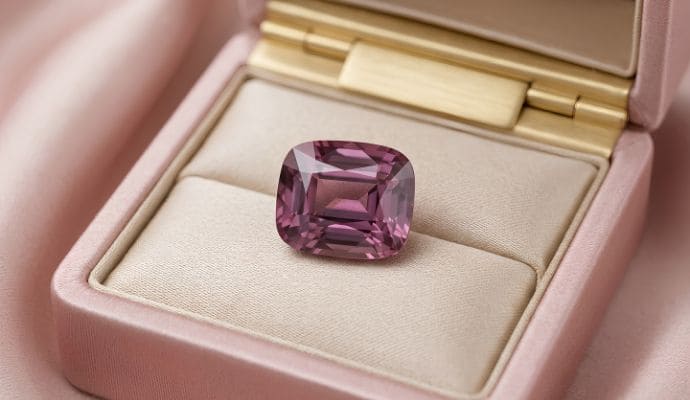 Natural cushion-cut garnet loose gemstone showcased in a luxury jewelry gift box