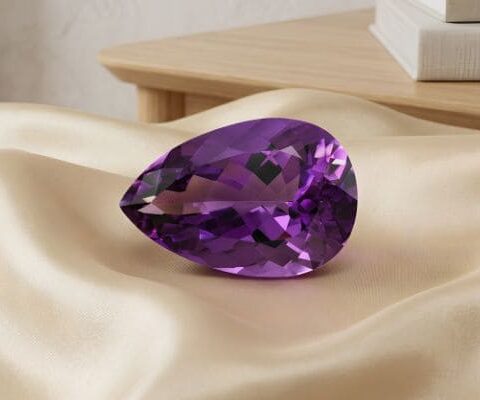 Elegant pear-cut violet amethyst loose gemstone on luxurious satin fabric