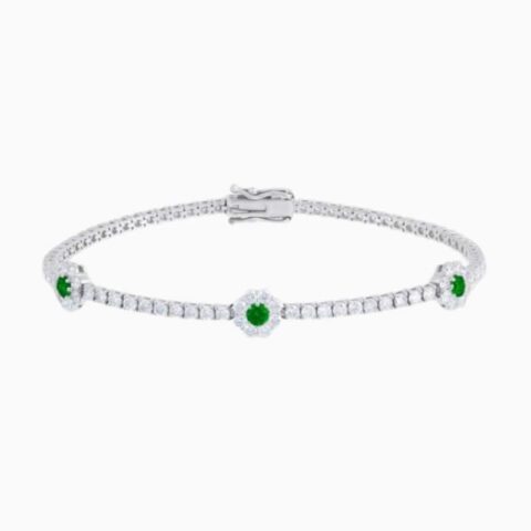 Lab Grown Diamond Tennis Bracelet With Emerald Centered Flower Clusters with lab grown diamonds in 14k solid gold