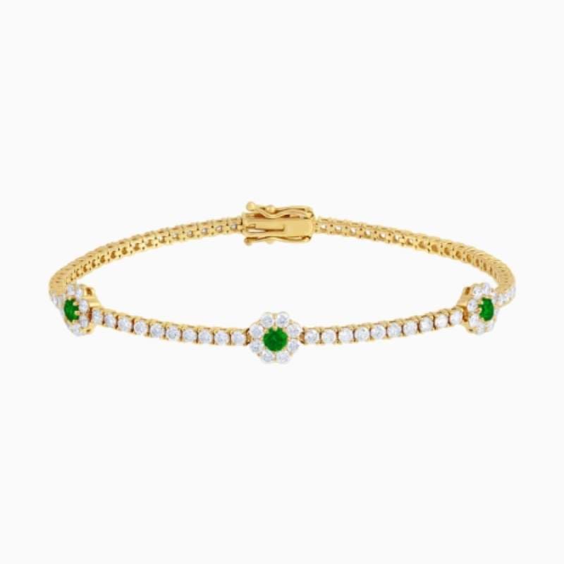 Lab Grown Diamond Tennis Bracelet With Emerald Centered Flower Clusters with lab grown diamonds in 14k solid gold golden