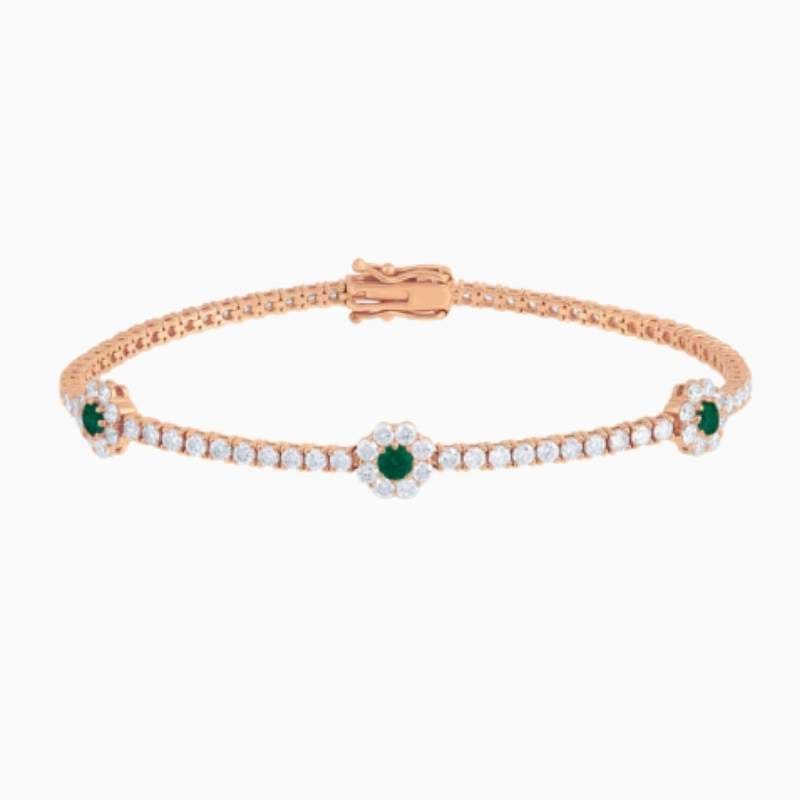 Lab Grown Diamond Tennis Bracelet With Emerald Centered Flower Clusters with lab grown diamonds in 14k solid gold rose gold