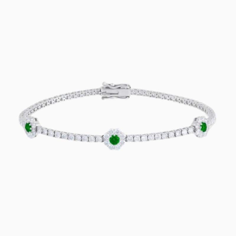 Lab Grown Diamond Tennis Bracelet With Emerald Centered Flower Clusters with lab grown diamonds in 14k solid gold