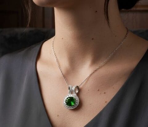 Tsavorite diamond pendant necklace with green gemstone