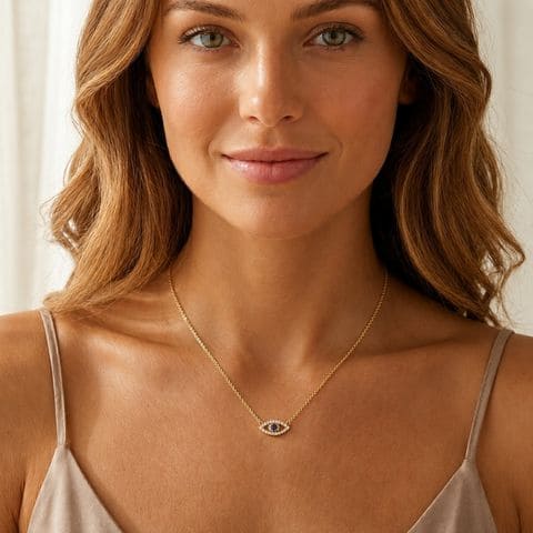 Woman wearing diamond pendant necklace