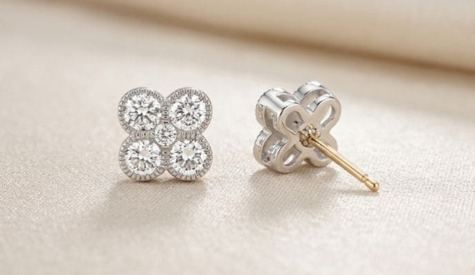 Flower Clover Beaded Lab Grown Diamond Stud Earring