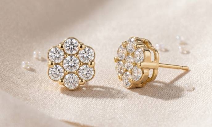Gold Diamond Flower Cluster Earrings