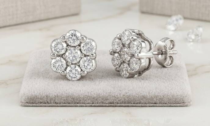 Silver Diamond Flower Cluster Earrings