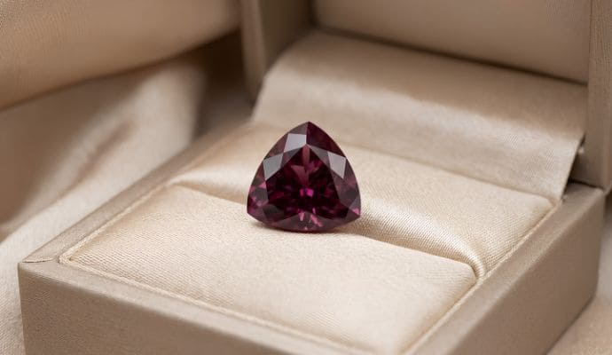 Natural trillion-cut garnet loose gemstone displayed in a premium jewelry box