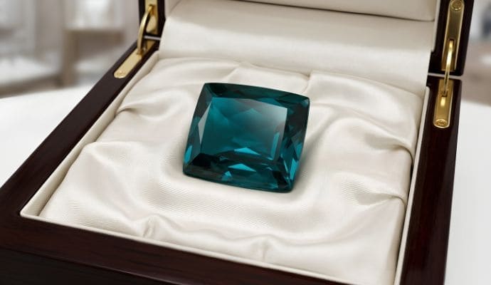 Natural cushion-cut indicolite blue tourmaline loose gemstone in a luxury jewelry box