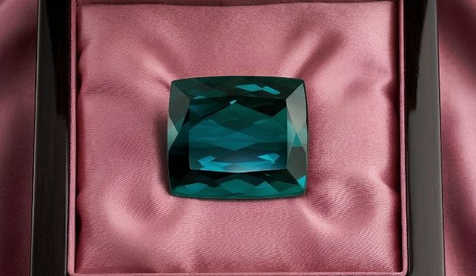 Premium cushion-cut indicolite blue tourmaline loose gemstone displayed in a luxury gift box