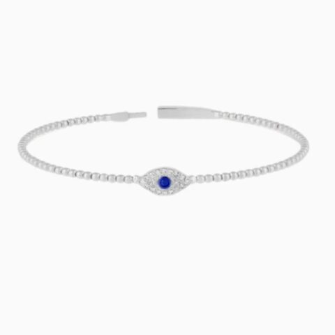 Lab Grown Diamond Evil Eye With Natural Sapphire Flexible Beaded Flower Bangle with lab grown diamonds in 14k solid gold