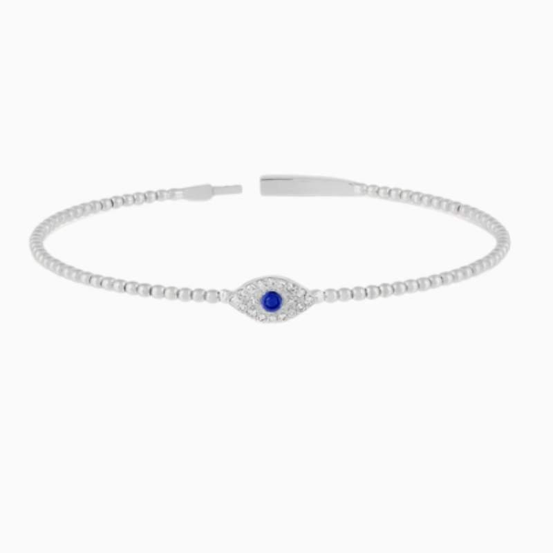 Lab Grown Diamond Evil Eye With Natural Sapphire Flexible Beaded Flower Bangle with lab grown diamonds in 14k solid gold