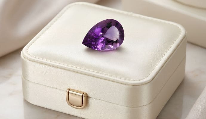 Luxury pear-cut violet amethyst loose gemstone displayed in a premium jewelry box