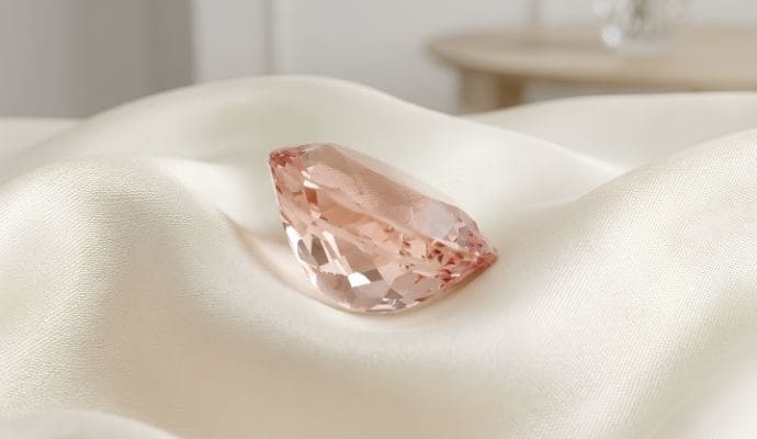 Premium oval morganite loose gemstone showcased on luxurious white satin fabric