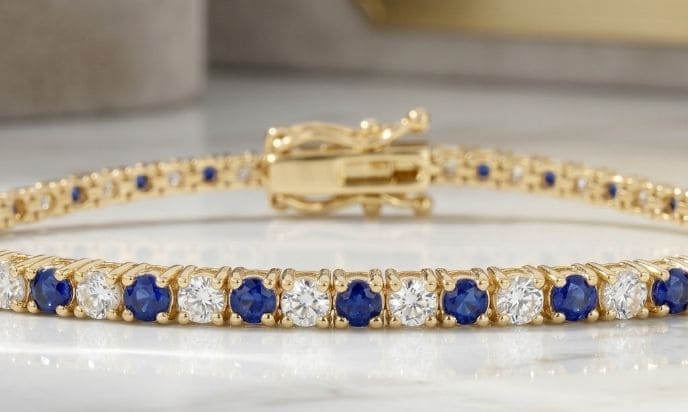 Yellow gold sapphire and natural diamond tennis bracelet with alternating gemstones