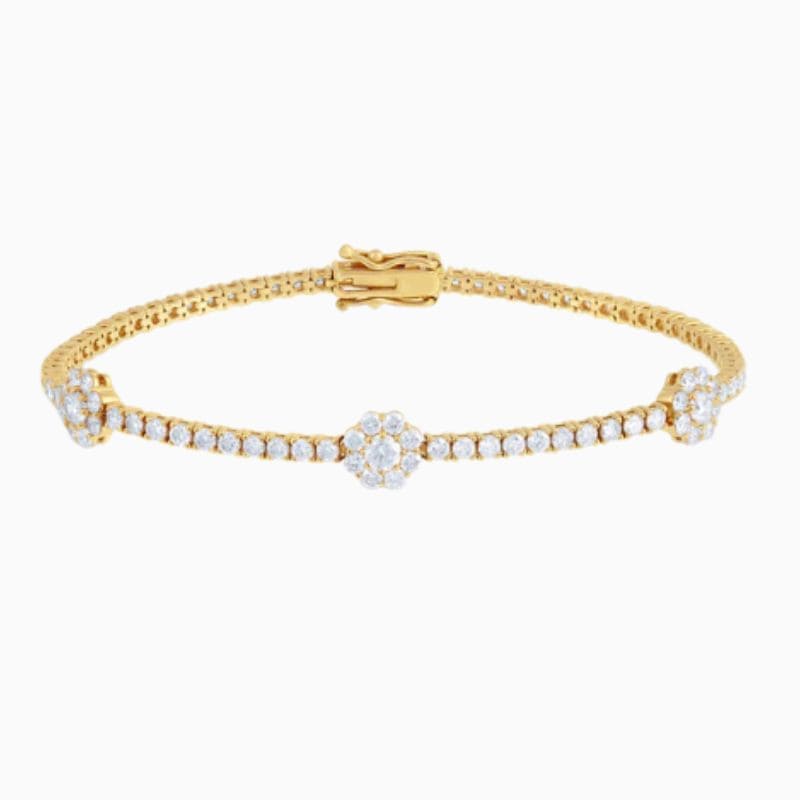 Natural Diamond Tennis Bracelet with Flower Clusters in 14k solid gold with natural diamonds golden