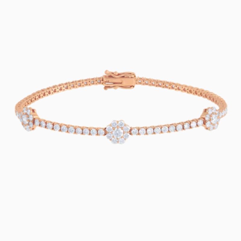 Natural Diamond Tennis Bracelet with Flower Clusters in 14k solid gold with natural diamonds rose gold