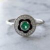 Natural emerald ring in 14K white gold with black enamel and diamonds