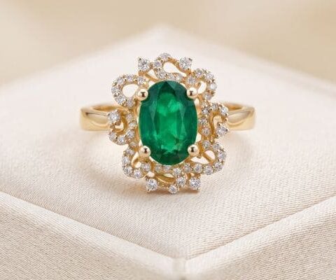 Natural emerald ring in 14K yellow gold with sparkling diamond halo