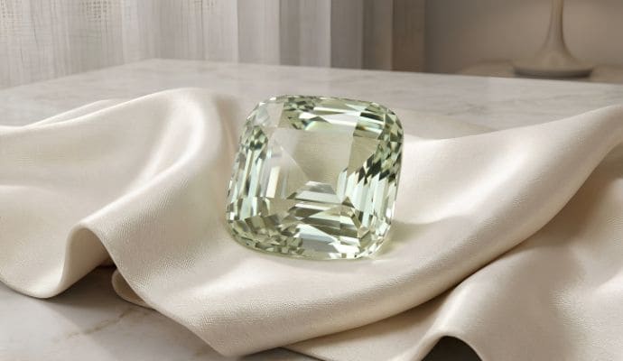 Natural 28.10 carat green beryl cushion-cut loose gemstone displayed on elegant satin fabric