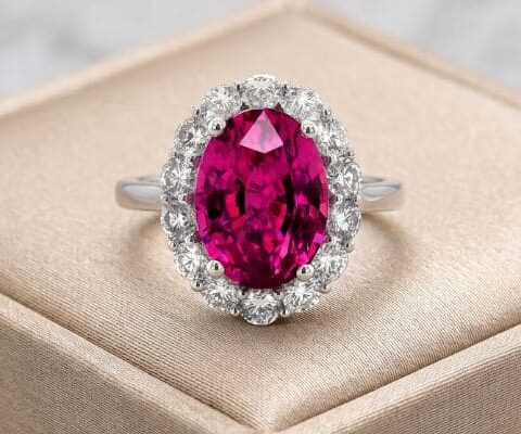Natural Madagascar pink sapphire ring in 18K white gold with diamond halo