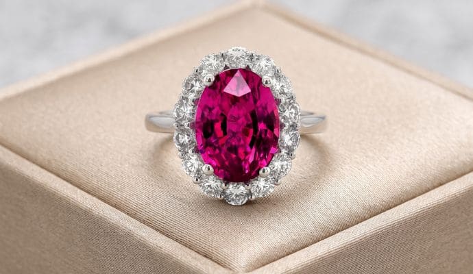 Natural Madagascar pink sapphire ring in 18K white gold with diamond halo